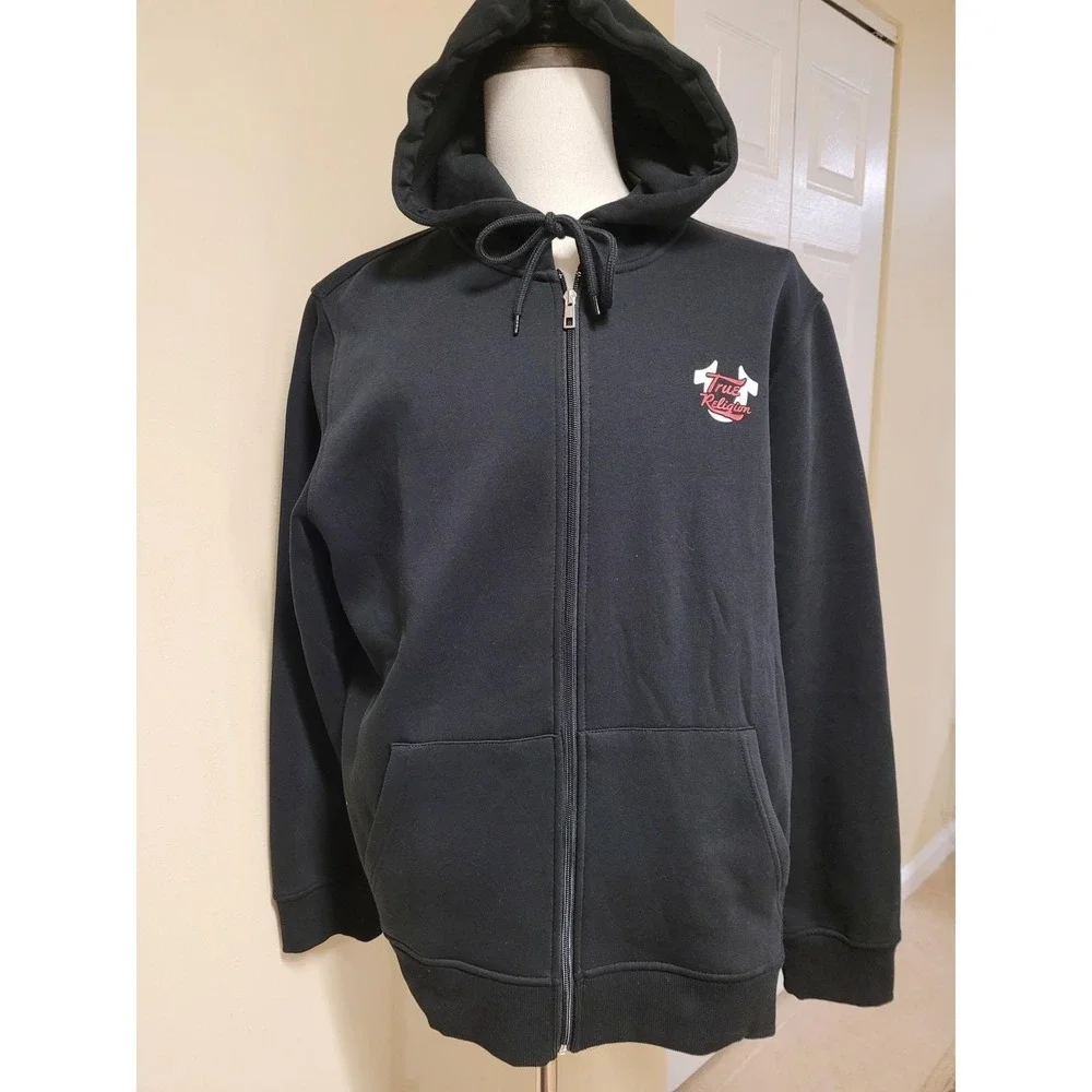 True Religion Script Oval Zip Fleece Hoodie Mens Black‎ Graphic Buddha Size XXL